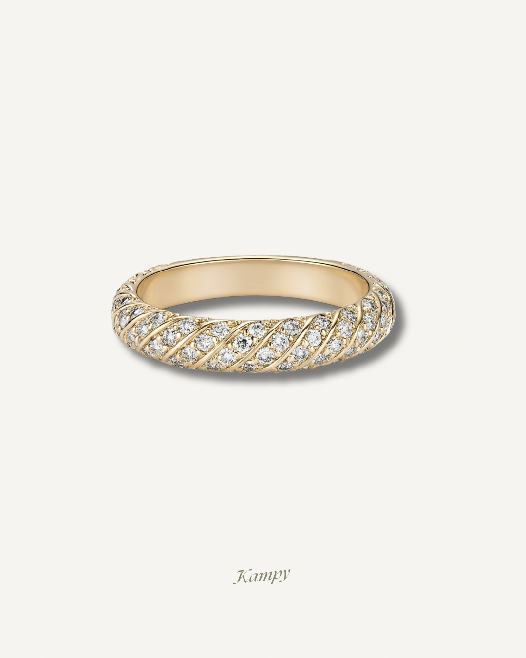 Gold ring with pave moissanite accents on a white background