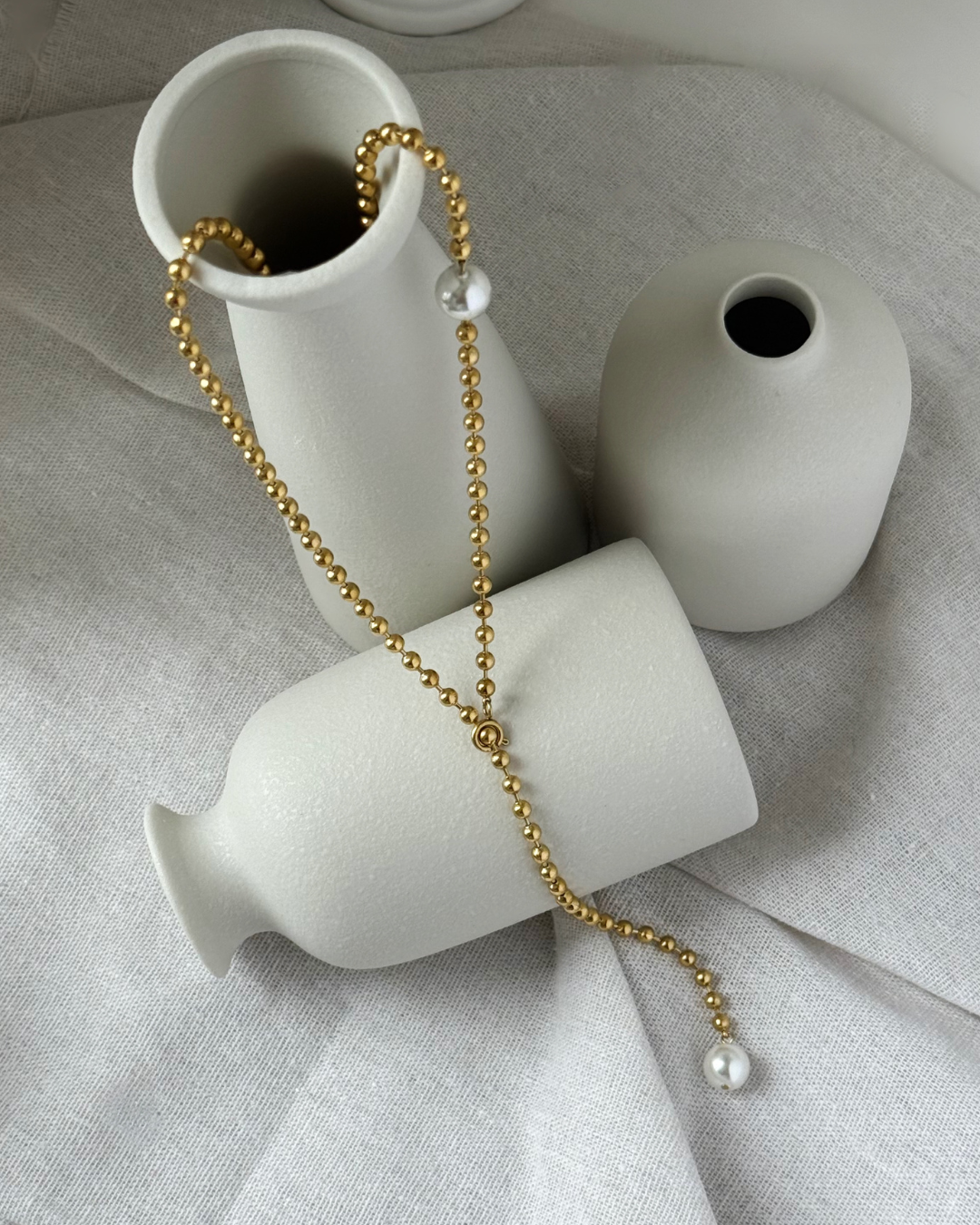 Convertible Pearl Ball Chain Necklace – Multi-Way Gold Statement Piece