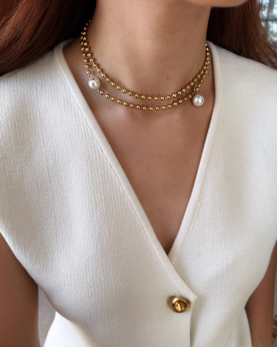 Convertible Pearl Ball Chain Necklace – Multi-Way Gold Statement Piece
