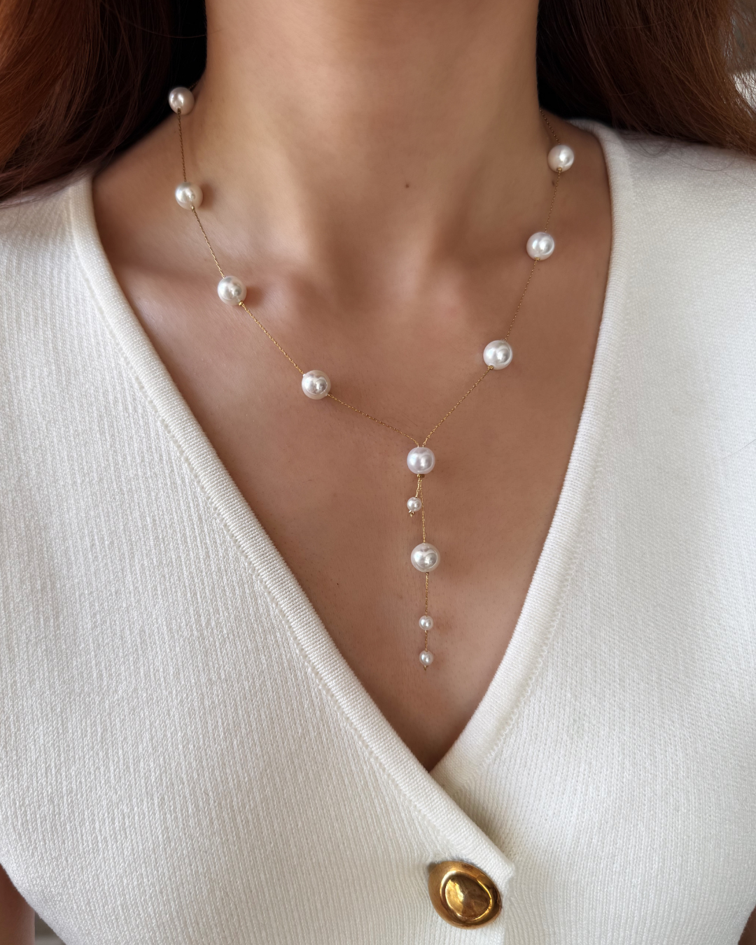 Floating Pearl Lariat Necklace – Gold Y Chain with Drop Pendant