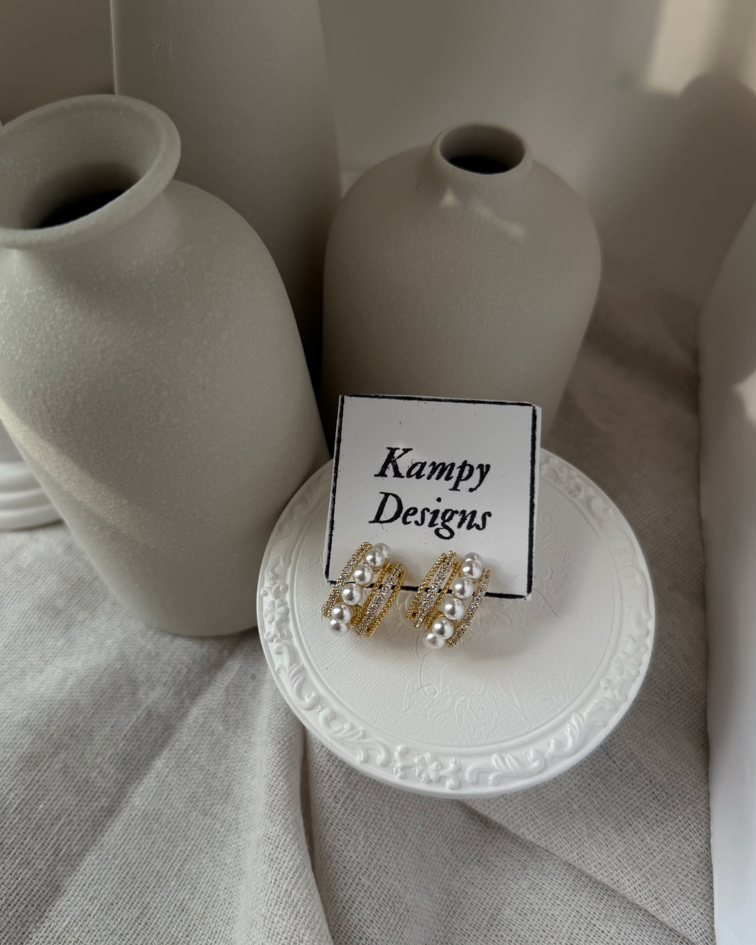Layered Pearl & CZ Hoop Earrings – Gold Triple Row Statement Huggies