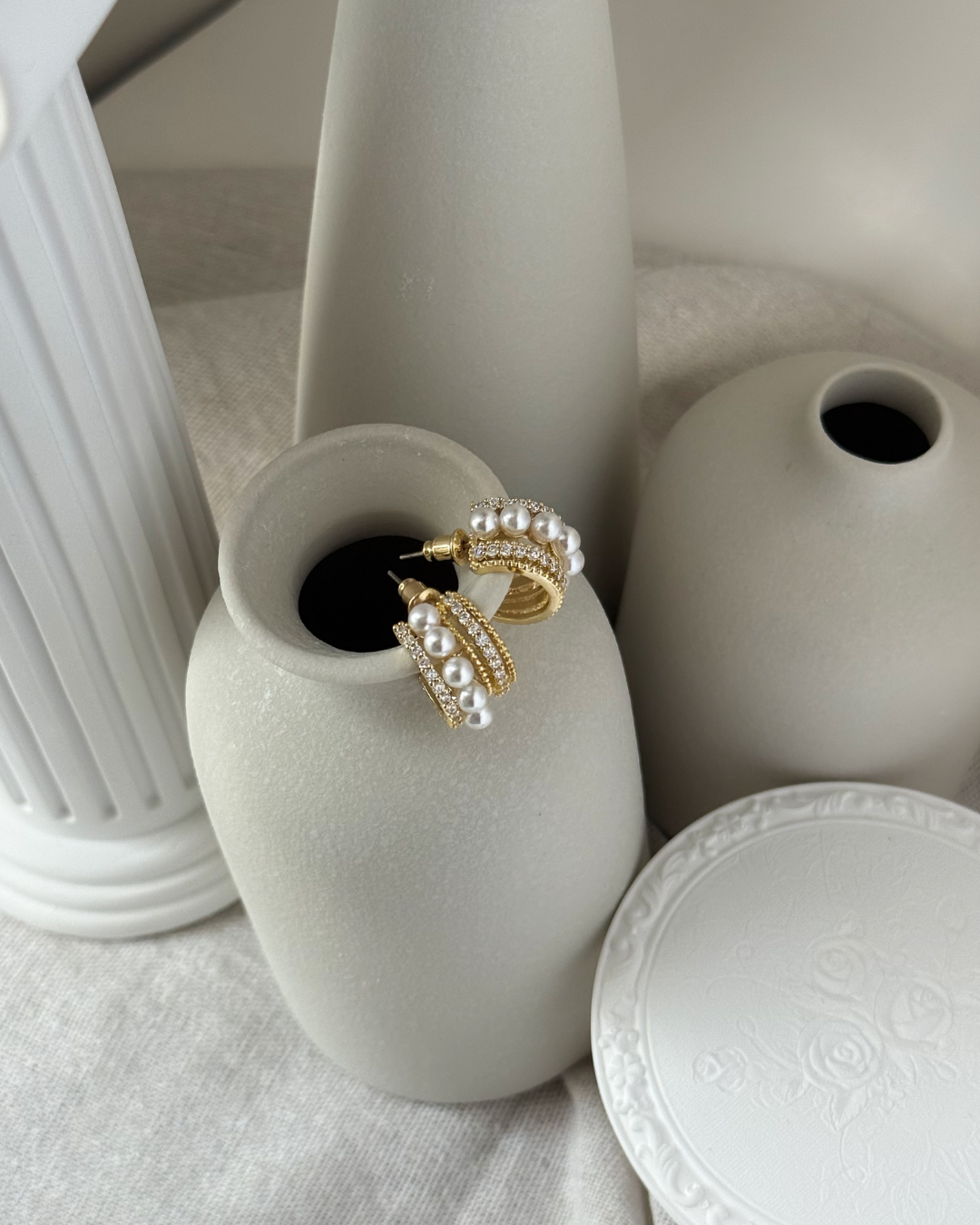 Layered Pearl & CZ Hoop Earrings – Gold Triple Row Statement Huggies