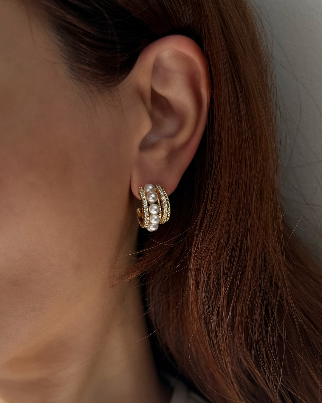Layered Pearl & CZ Hoop Earrings – Gold Triple Row Statement Huggies