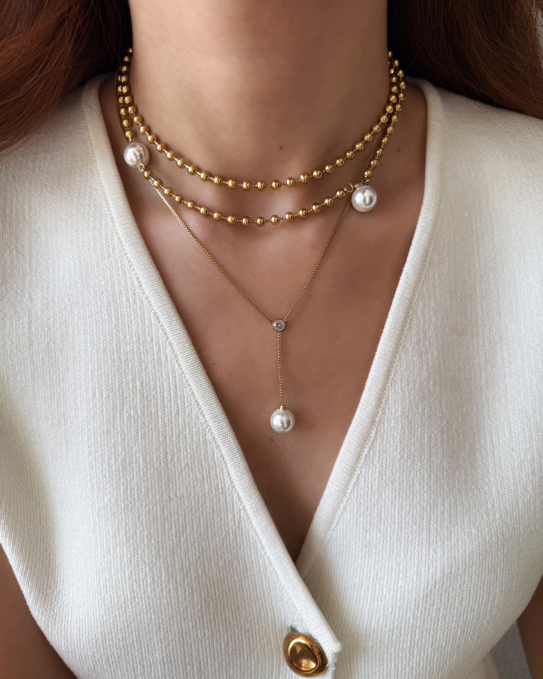 Gold Lariat Pearl Necklace – Drop Pendant with CZ Accent