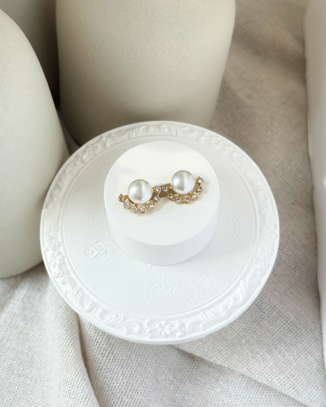 Gold Pearl Stud Earrings with CZ Arc – Classic Modern Ear Climber Look