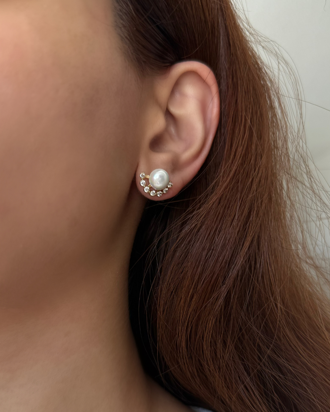 Gold Pearl Stud Earrings with CZ Arc – Classic Modern Ear Climber Look