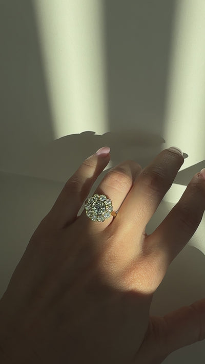 Close-up video of The Marigold Ring from Kampy Designs worn on a model’s finger, showing the sparkle of the 1ct center moissanite and floral halo stones in motion.