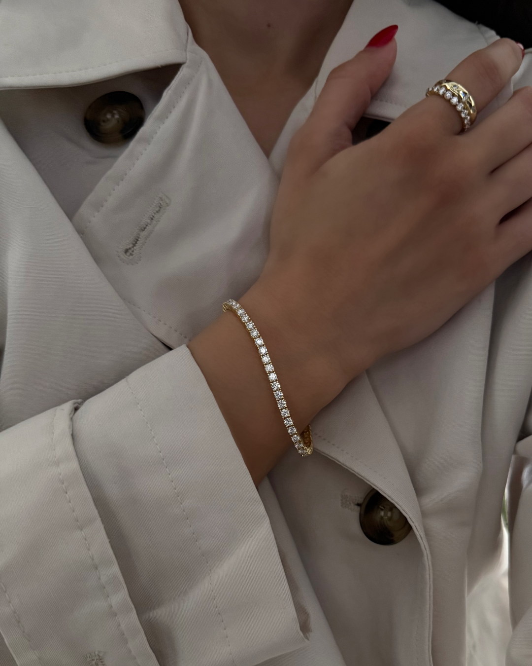 Styled shot of lab-grown moissanite tennis bracelet in sterling silver highlighting sparkle and fit — Kampy