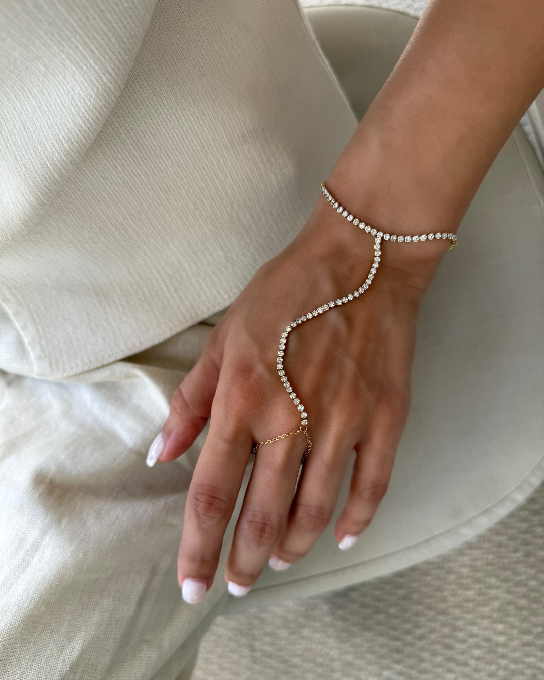 Tennis Hand Chain Bracelet – Gold CZ Finger to Wrist Jewelry