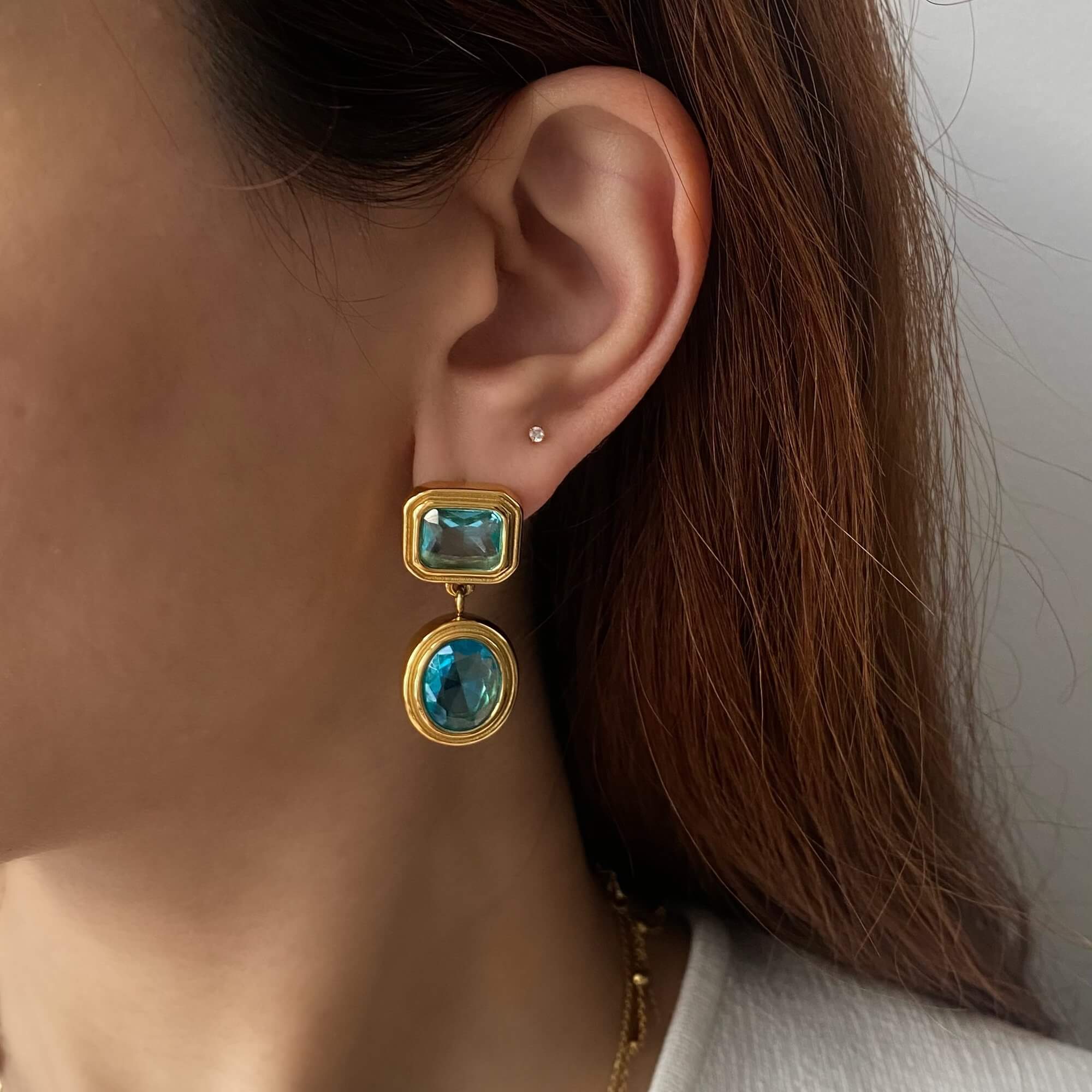 Bright flat lay of KosaE vintage-inspired dangle earrings by Kampy Designs, showcasing gemstone detail and old-world charm.